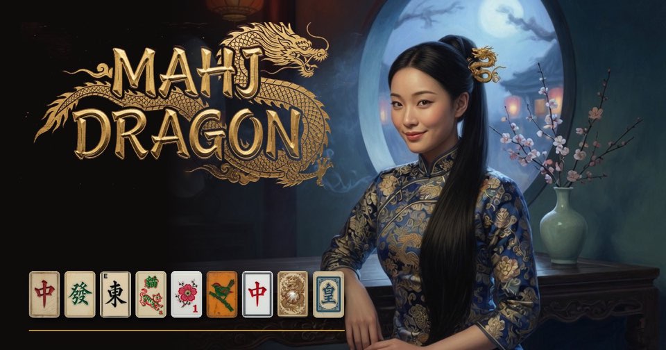 Mahj Dragon: the gold dragon wordmark beside a woman in a blue silk dress, with a row of nine mahjong tiles.