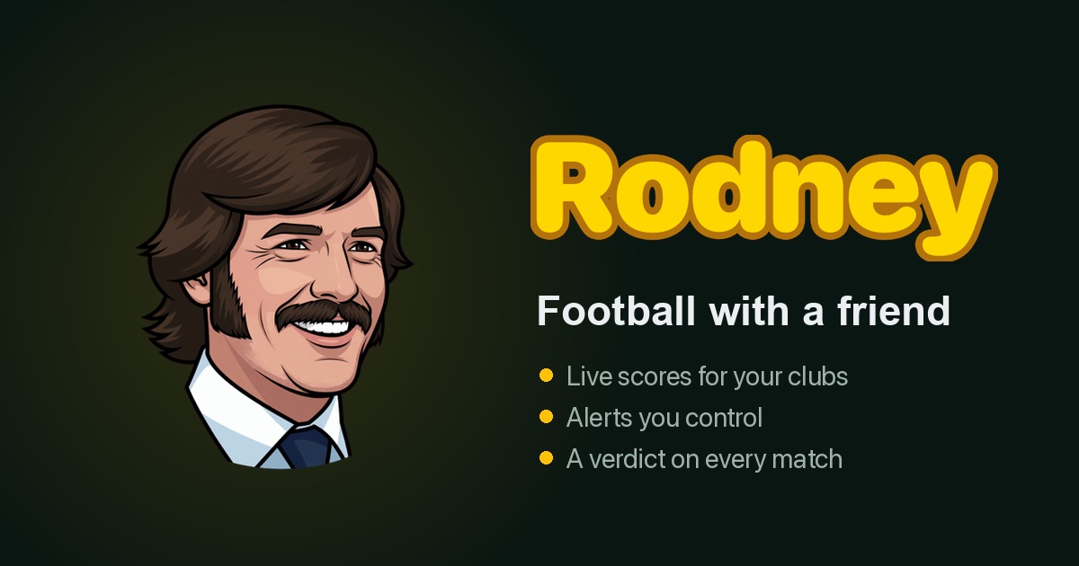 Rodney: the app's cartoon pundit, with long hair and a moustache, beside the Rodney wordmark and the words Football with a friend.